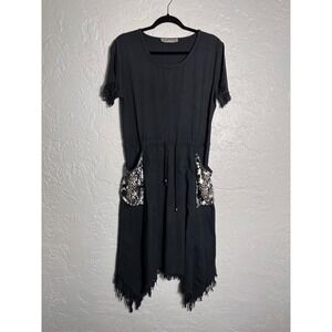 Signet Black Sequin Pocket Frayed Hem Sharkbite Midi‎ Dress Womens Large Boho